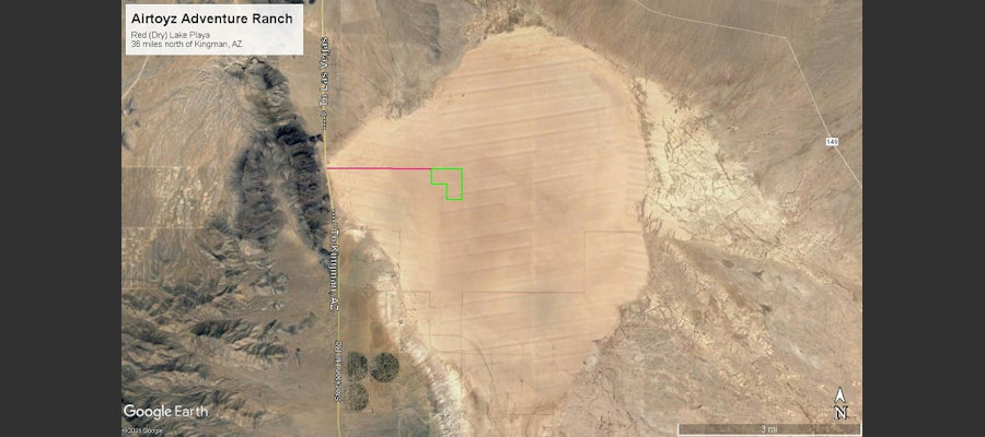 Aerial view of Red (dry) Lake showing Airtoyz Drive and Airtoyz Adventure Ranch property lines